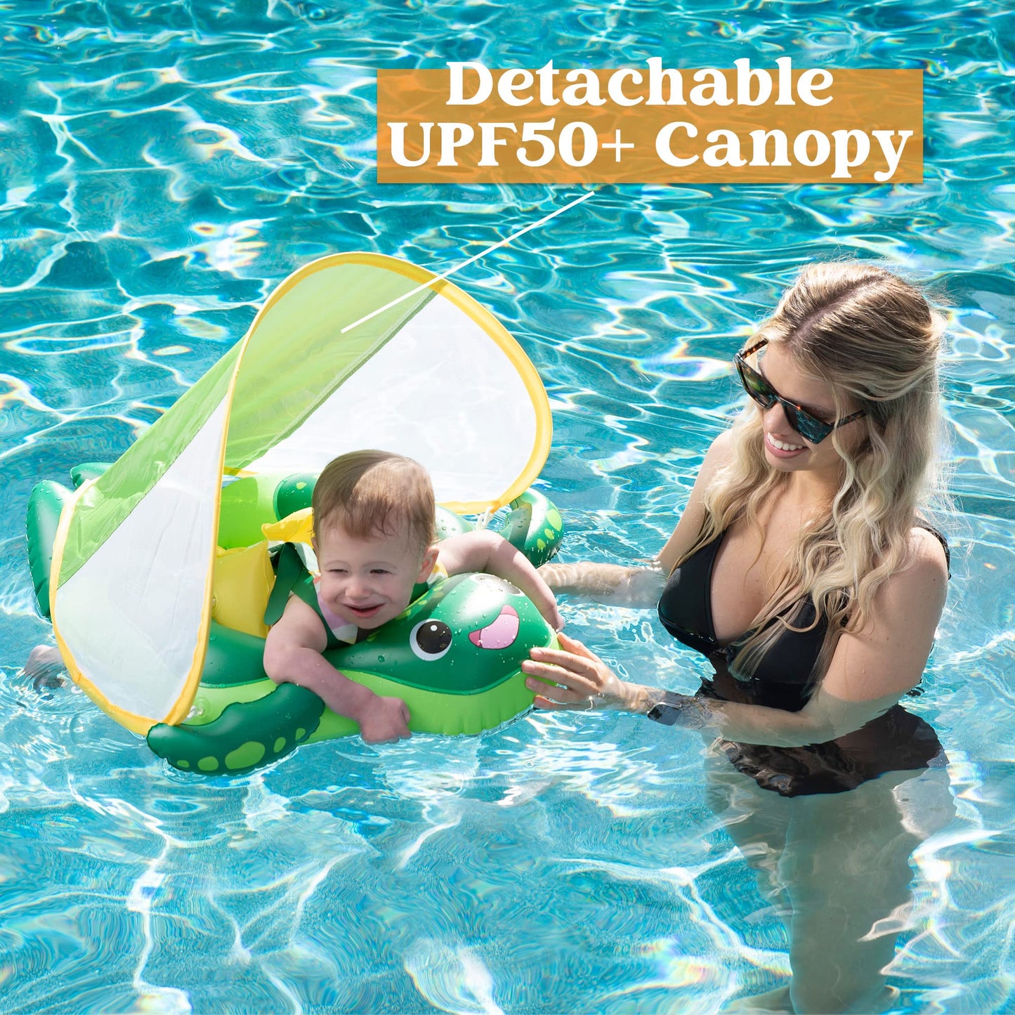 Sloosh Baby Swimming Floats With Removable Sun Canopy, Inflatable Baby Pool Float, Sea Turtle Design Infant Swim Float Ring Swimming Pool Accessories For Age 12-36 Months(S)
