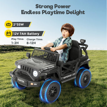 Funtok 12V 7Ah Ride On Truck For Kids, Electric Cars For Toddlers W/Remote Control, Led Lights, 3 Speeds, Spring Suspension, Soft Start, Bluetooth Speaker, Battery Powered Cars For Kids To Drive