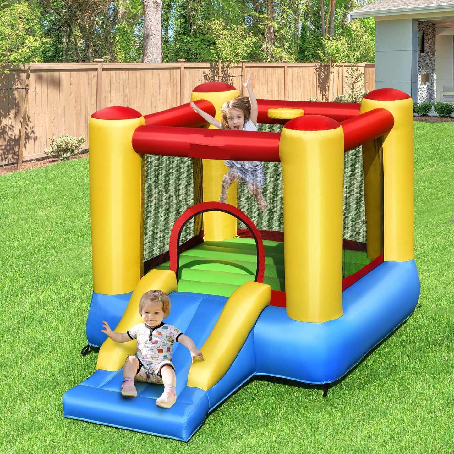 Olakids Inflatable Bounce House, Jumping Castle With Slide, Bouncing Area, Basketball Rim, Indoor Outdoor Bouncy House, Polyeste