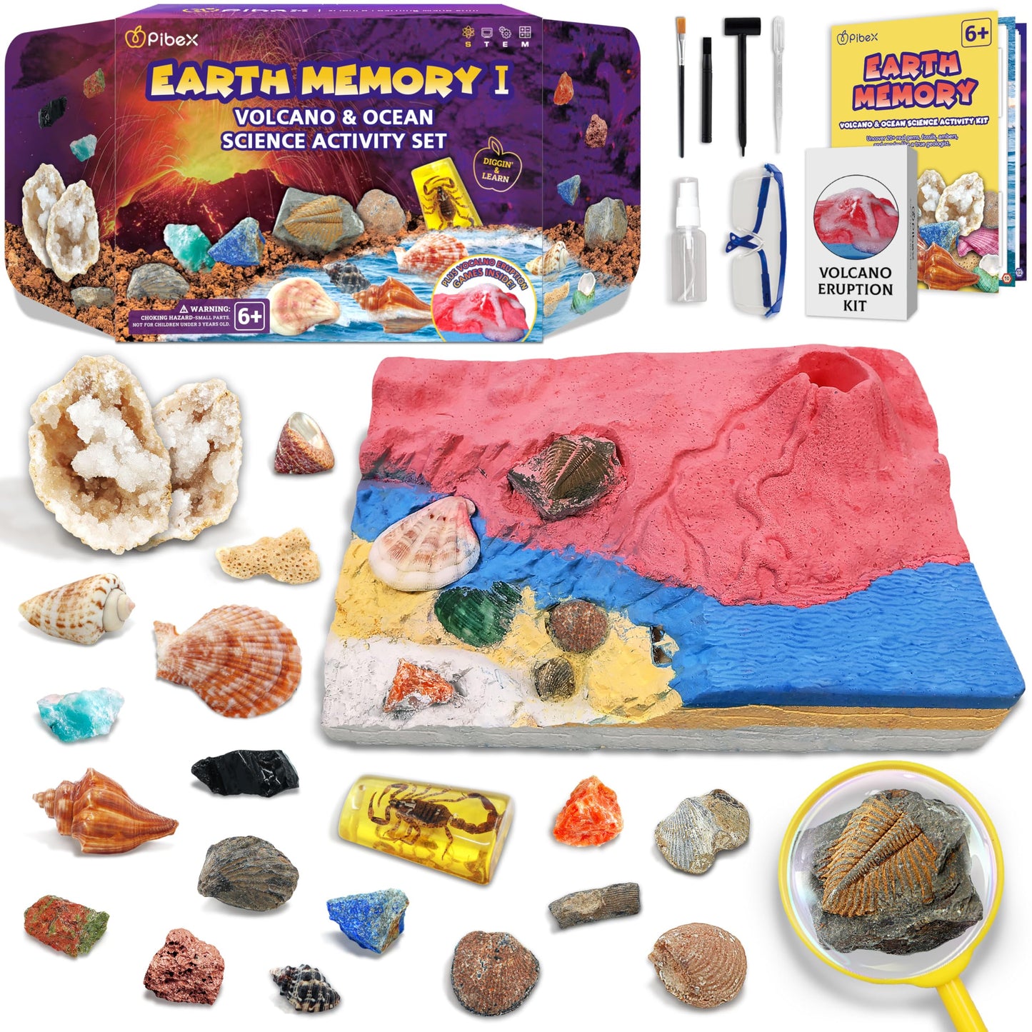 Pibex Volcano & Ocean Fossil Dig Kit, Dig Up 20+ Real Fossils, Rocks, Shells & Sea Snails With Eruption Experiments, Earth Scien