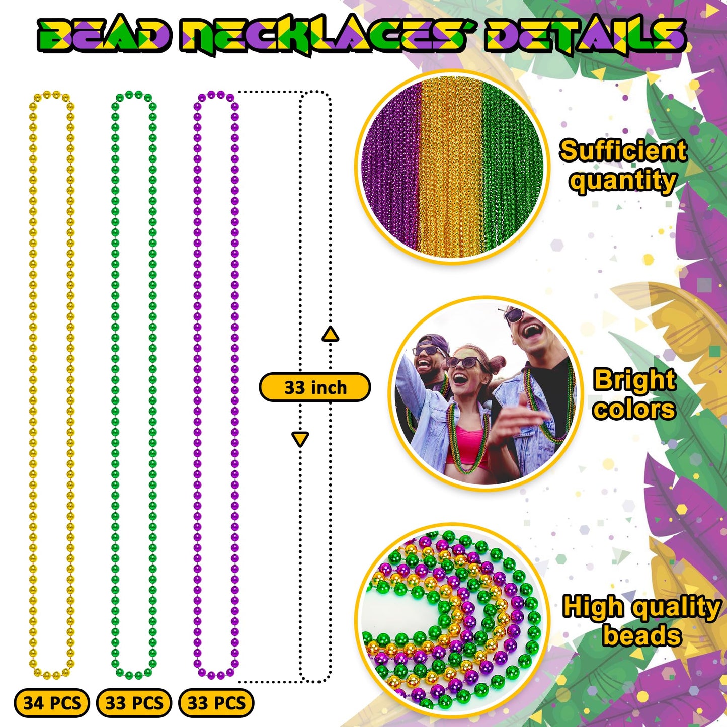100PCS Mardi Gras Beads, Green Purple Gold Metallic Mardi Gras Beads Necklaces Accessories Bulk, Mardi Gras Carnival Beads Neckl