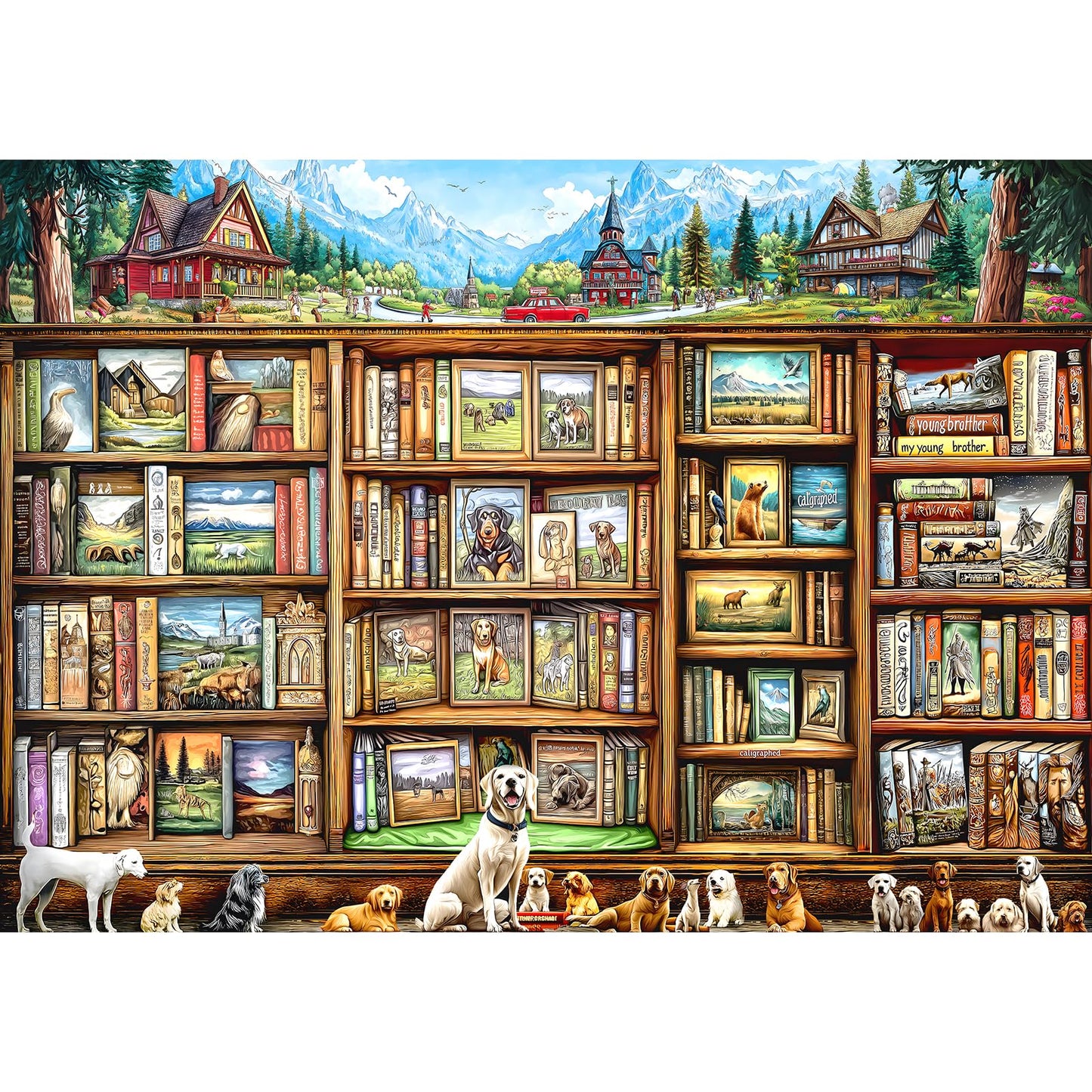 Blueforest - Dog Puzzles For Adults 1000 Pieces, Challenging Colorful Dogs Bookshelf Landscape Family Puzzle Difficult Animal Ji