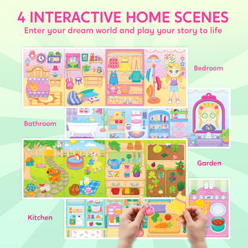 Klever Kits Reusable Sticker Book for Kids, My Dream Home 4 Play Scenes with 200+ Washable Stickers Plane Activity for Toddler A