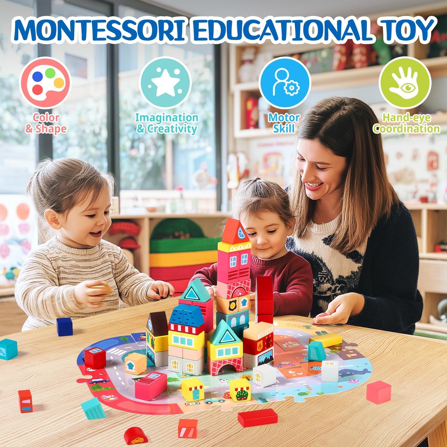 Vigorfun 100 Pcs Wooden Building Blocks Set - City Builder Stacking Toy With Storage Bag, Montessori Preschool Toys For Kids Tod