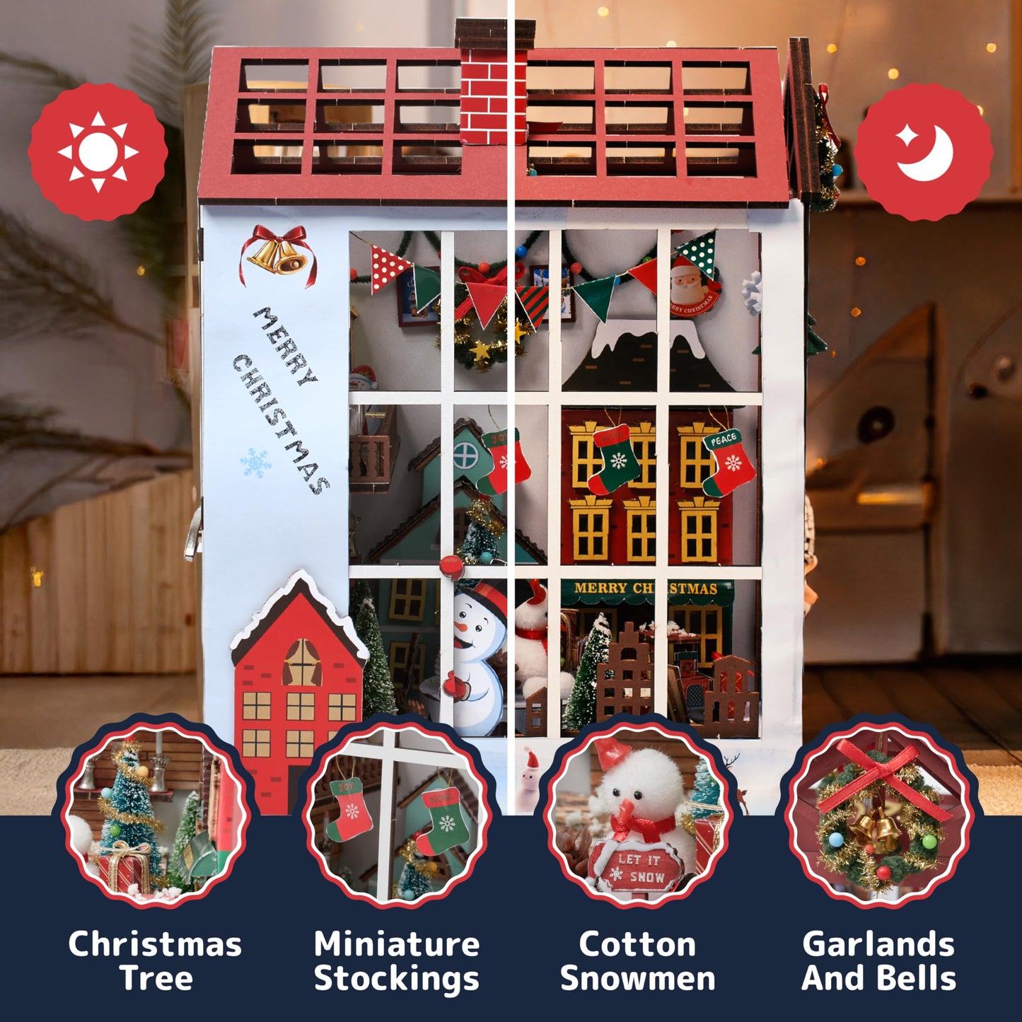 Prextex Diy Christmas Book Nook - 232 Building Pieces - Full Miniature Dollhouse Set With Aaa Battery (Not Included) Operated Li