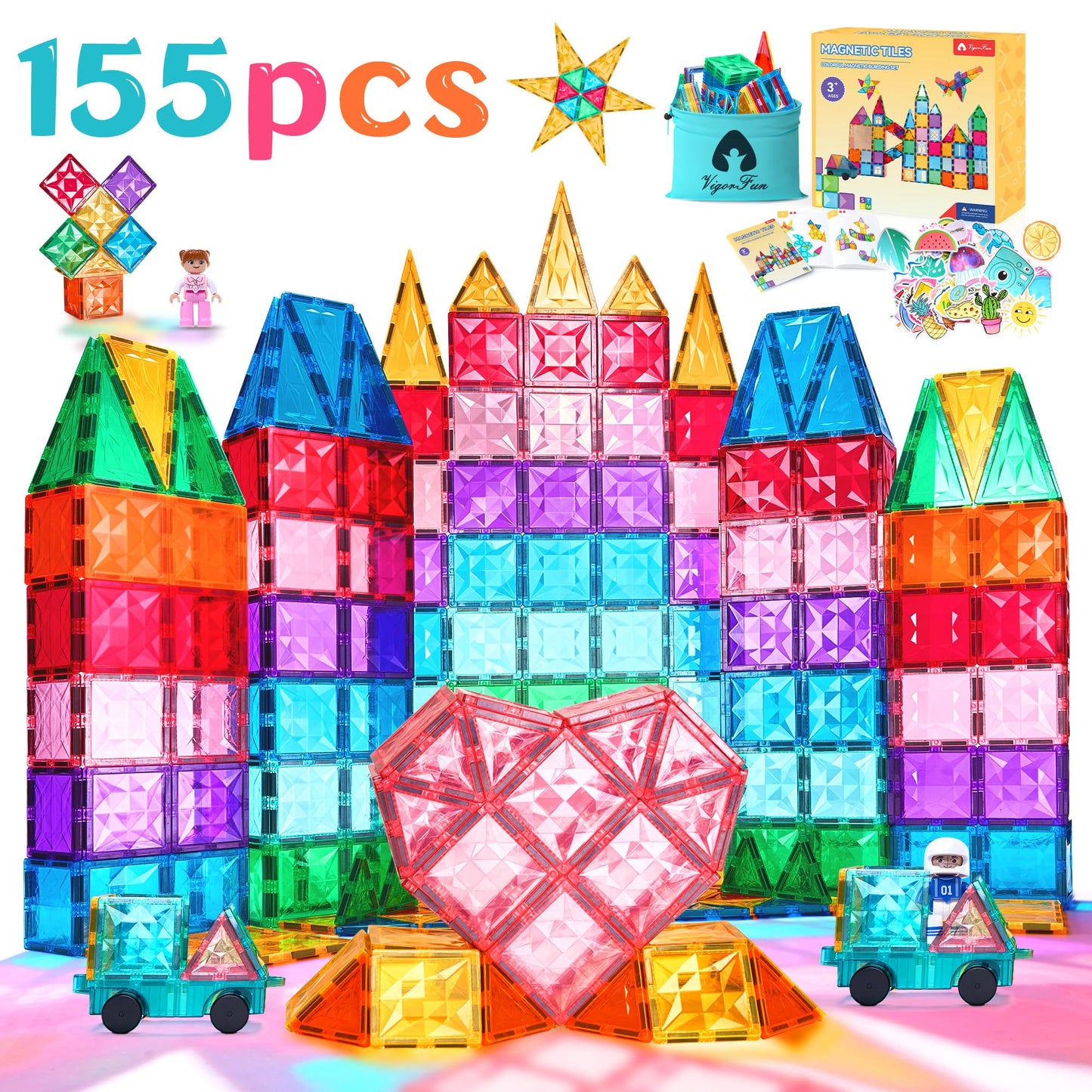Magnetic Tiles Set, Magnet Tiles Building Blocks With Car Toy Figurines And Stickers, Construction Educational Stem Sensory Toys