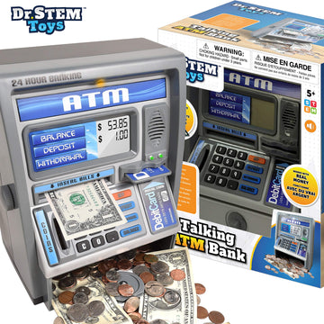 Dr. STEM Toys Kids Talking ATM Machine Savings Piggy Bank with Digital Screen, Electronic Calculator That Counts Real Money, and
