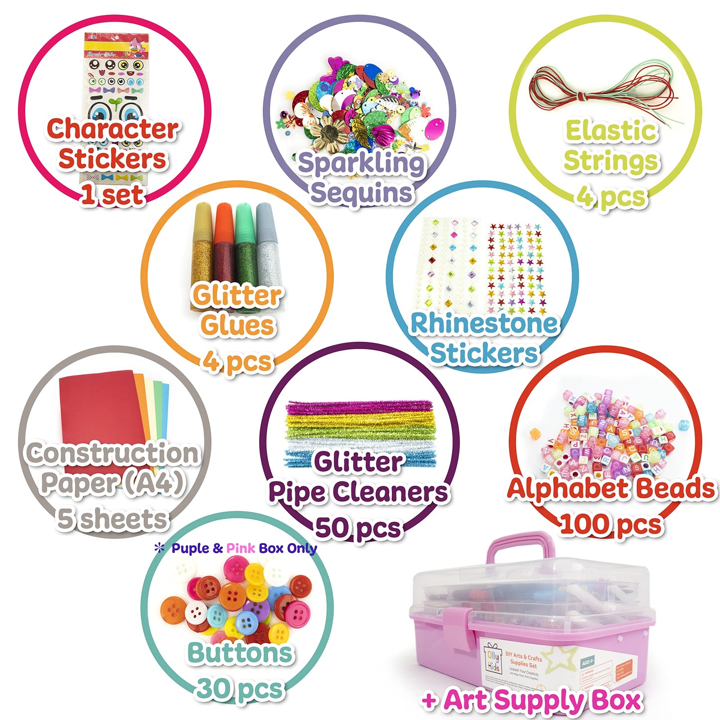 Olly Kids Arts And Crafts Supplies For Kids Girls 4 5 6 7 8 9 10 11 & 12- Ultimate Crafting Supply Set In Portable 3 Layered Pla