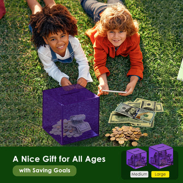 Piggy Bank for mature-themeds Must Break to Open Vcertcpl Acrylic Clear Piggy Bank Money Saving Box for Cash Saving Unopenable mature-themeds Bank for Real Money Bank Coin Bank Change Jar (Purple 12x12CM)