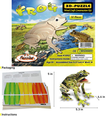 Puzzled 3D Puzzle Colorful Frog Wood Craft Construction Kit Fun Unique And Educational Diy Wooden Animal Toy Assemble Model Pre-Colored Crafting Hobby Puzzle To Build And Decoration 37 Pieces Pack