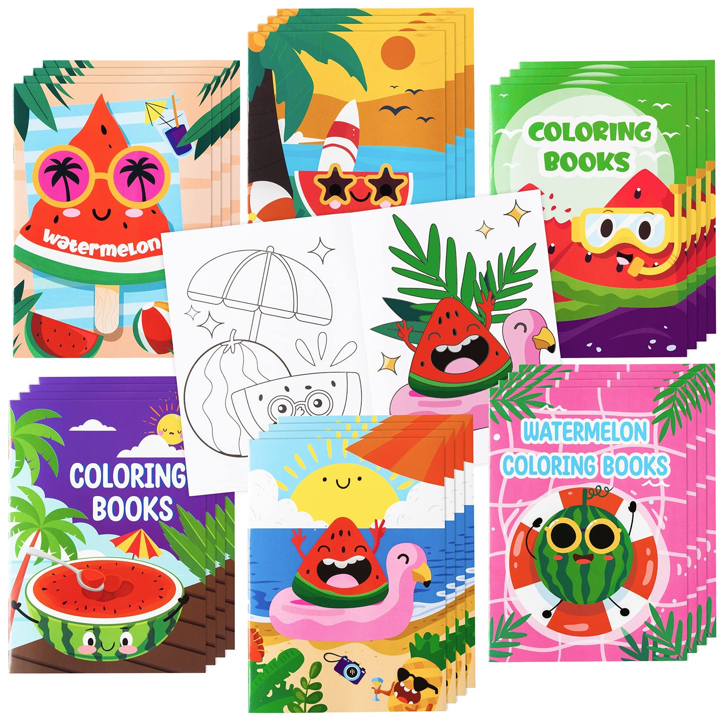 Dvbonike 24Pcs Watermelon Coloring Books Summer Themed Diy Color-In Pages With Seaside Beach Sunglasses Drawing Party Favors Gif
