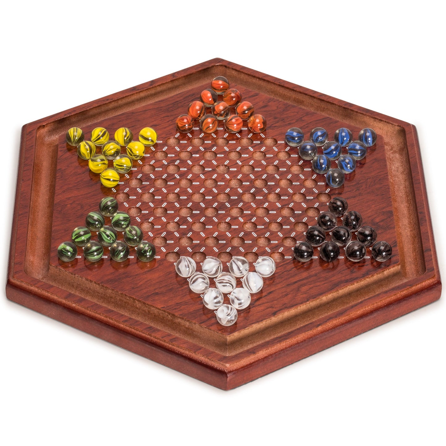 Yellow Mountain Imports Wooden Chinese Checkers Halma Board Game Set - 13.6-Inch - with 60 Colored Petal-Style Glass Marbles (16