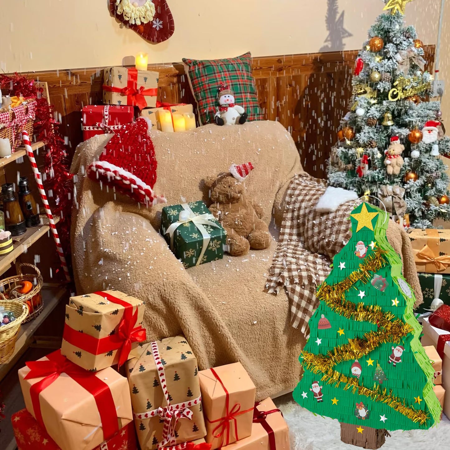 PCFING 21.6 Inch Christmas Tree Piata with 30 Inch Piata Stick Blindfold Confetti for Boy Girl Adults Xmas Party Game Decoration