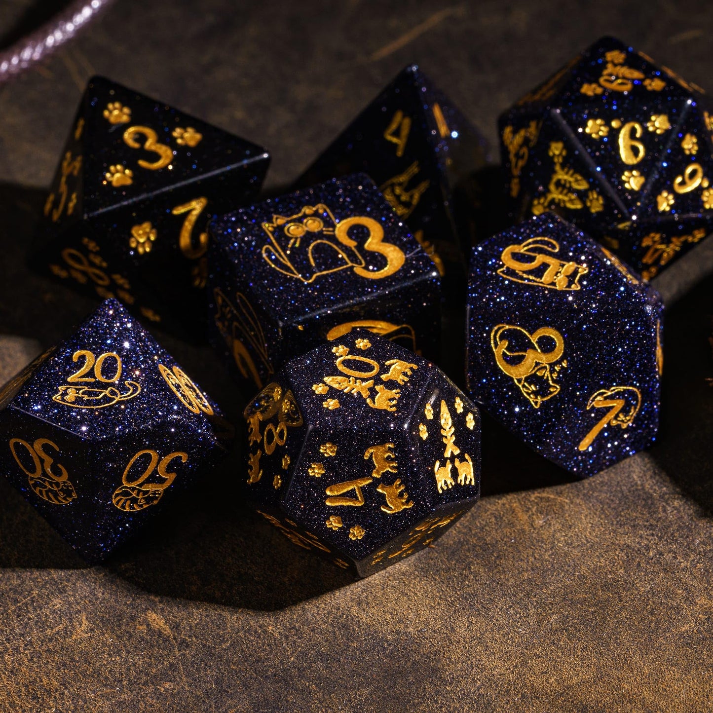 UDIXI Gemstone DND Dice Set Blue Sandstone Dice with Cute Cat Pattern, Stone Dice for Dungeons and Dragons Tabletop Game