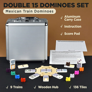 Queensell Mexican Train Dominoes Set Double 15 - 136 Tiles, Multicolor, Plastic, Includes 9 Trains & Wooden Hub, Aluminum Case