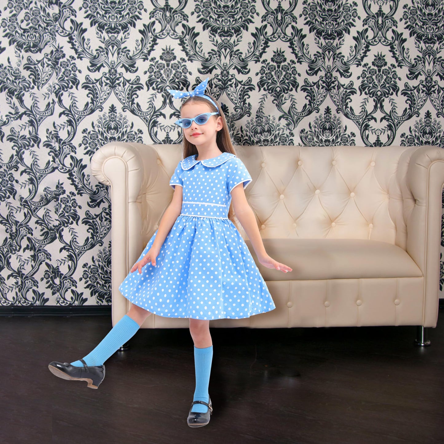 Raberto Girls 50S Polka Dot Dress With Headband, Glasses And Socks - Easter & Special Occasion Dress For Girls 5-6 Years, Medium