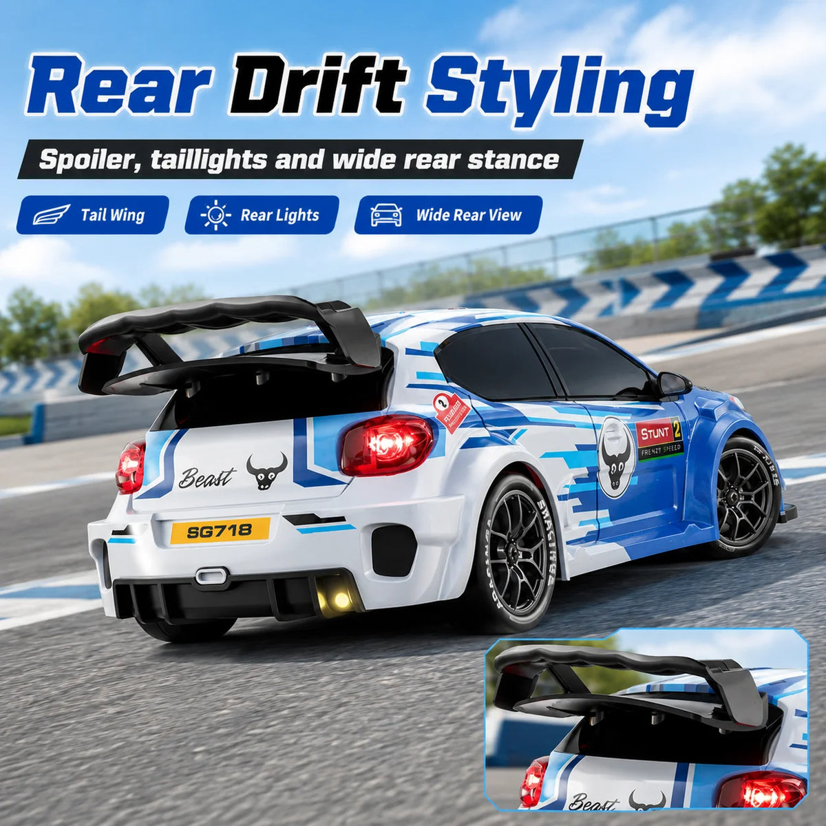ZNLYRION RC Drift Car SG718 1: 24 Scale 4WD With Replaceable Racing Drift Tires LED Headlights Taillight Sport Rear Wing Remote Control Racing Vehicle Toy