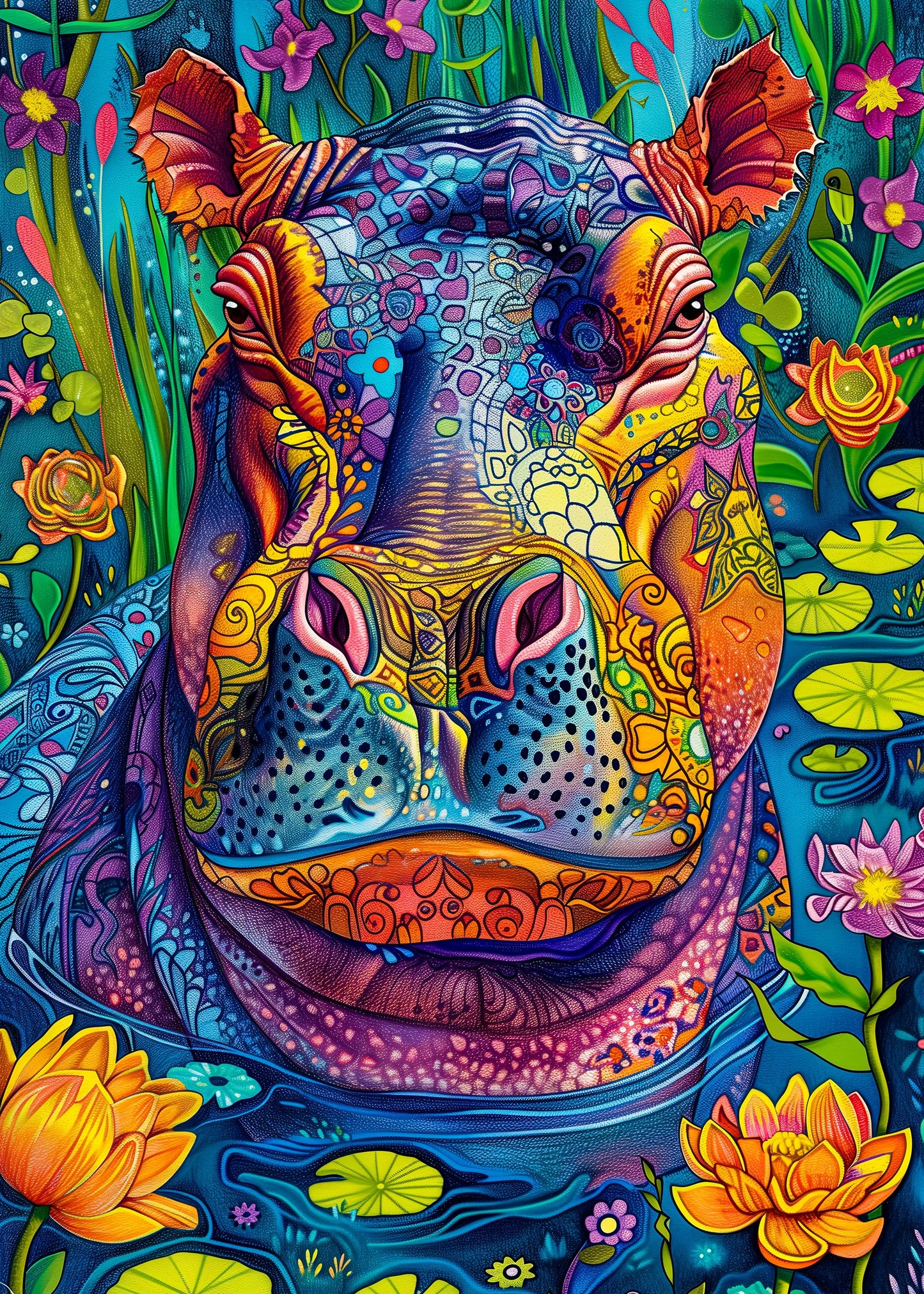 Bgraamiens Puzzle-Hippo in Water-1000 Pieces Rectangle Puzzle Hippo in Water Wild Animal Theme Color Challenging Beautiful Jigsa