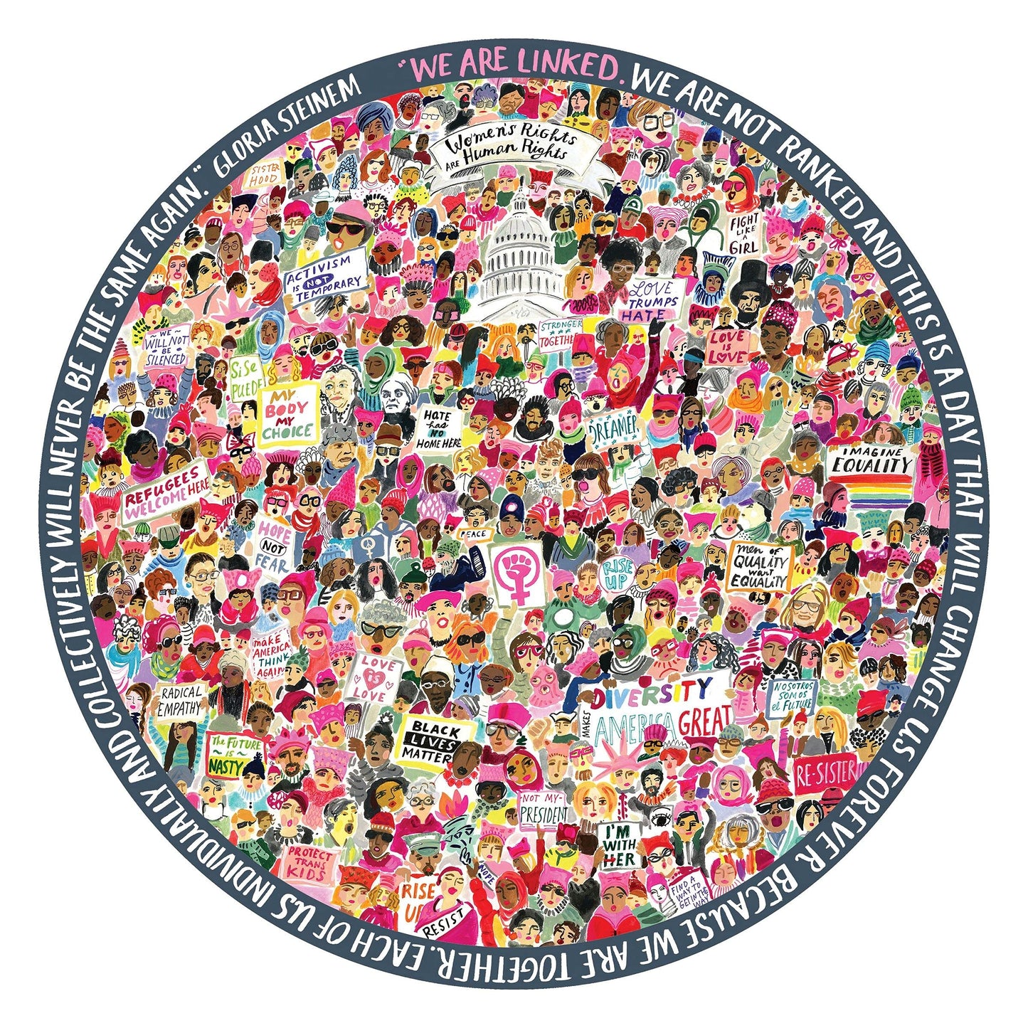 Eeboo: Piece And Love Women March! 500 Piece Round Circle Jigsaw Puzzle, Puzzle For Adults And Families, Glossy, Sturdy Pieces And Minimal Puzzle Dust