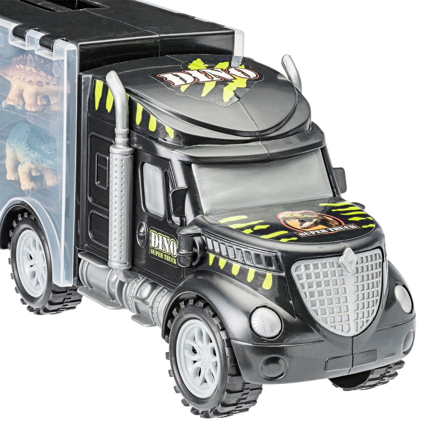 PREXTEX 16'' Dinosaur Truck Carrier Playset with 6 Mini Plastic Dinosaurs, Dinosaur Toy Trucks for Toddler Boys 3 to 5 Years Old