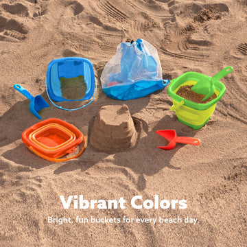 Sloosh 3-Pack Collapsible Sand Toys - Square Foldable Pail Silicone Beach Water Bucket With 3 Shovels For Sandbox Play, Party In