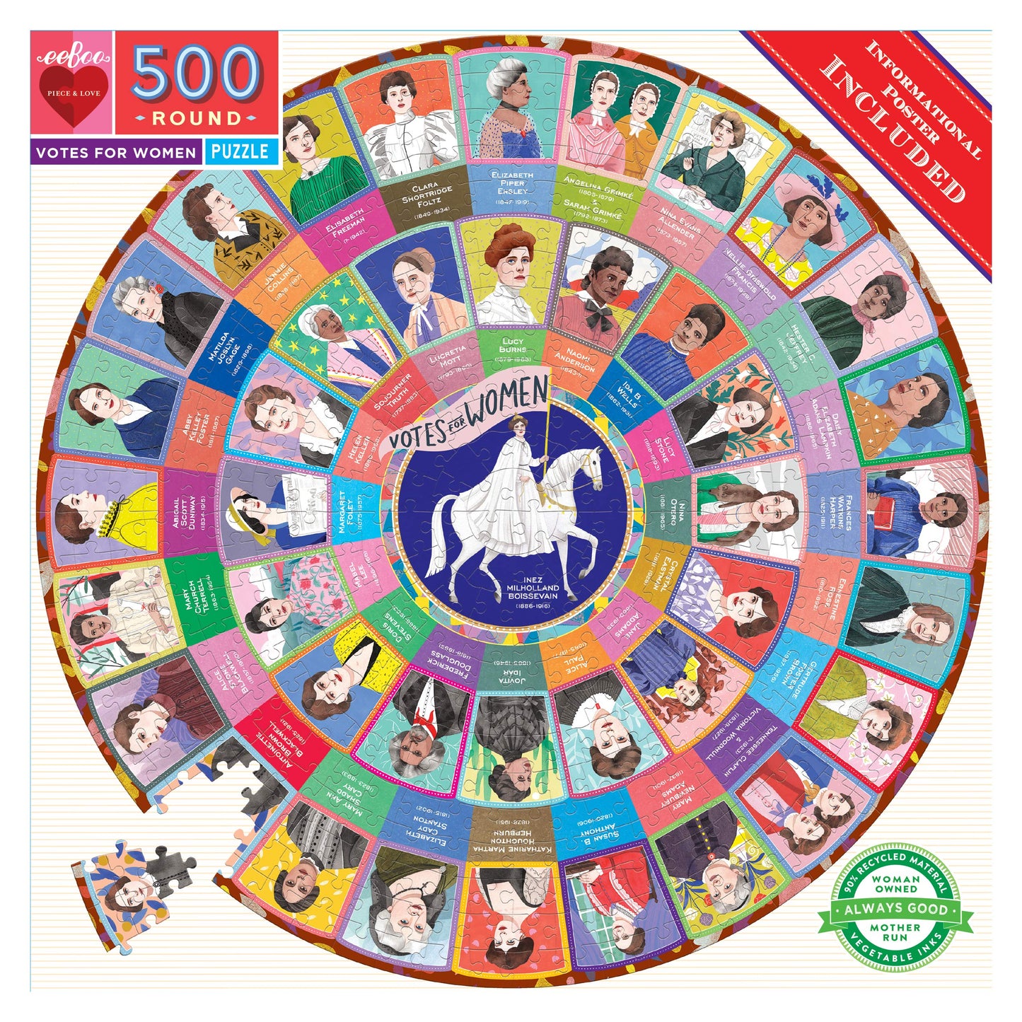 Eeboo: Piece And Love Votes For Women 500 Piece Round Circle Jigsaw Puzzle, Puzzle For Adults And Families, Glossy, Sturdy Pieces And Minimal Puzzle Dust