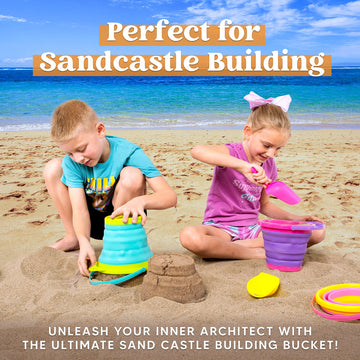 JOYIN Foldable Beach Bucket Set - 3 Packs Collapsible Toy Buckets with Shovels and Mesh Backpack for Kids Toddlers Party, Campin