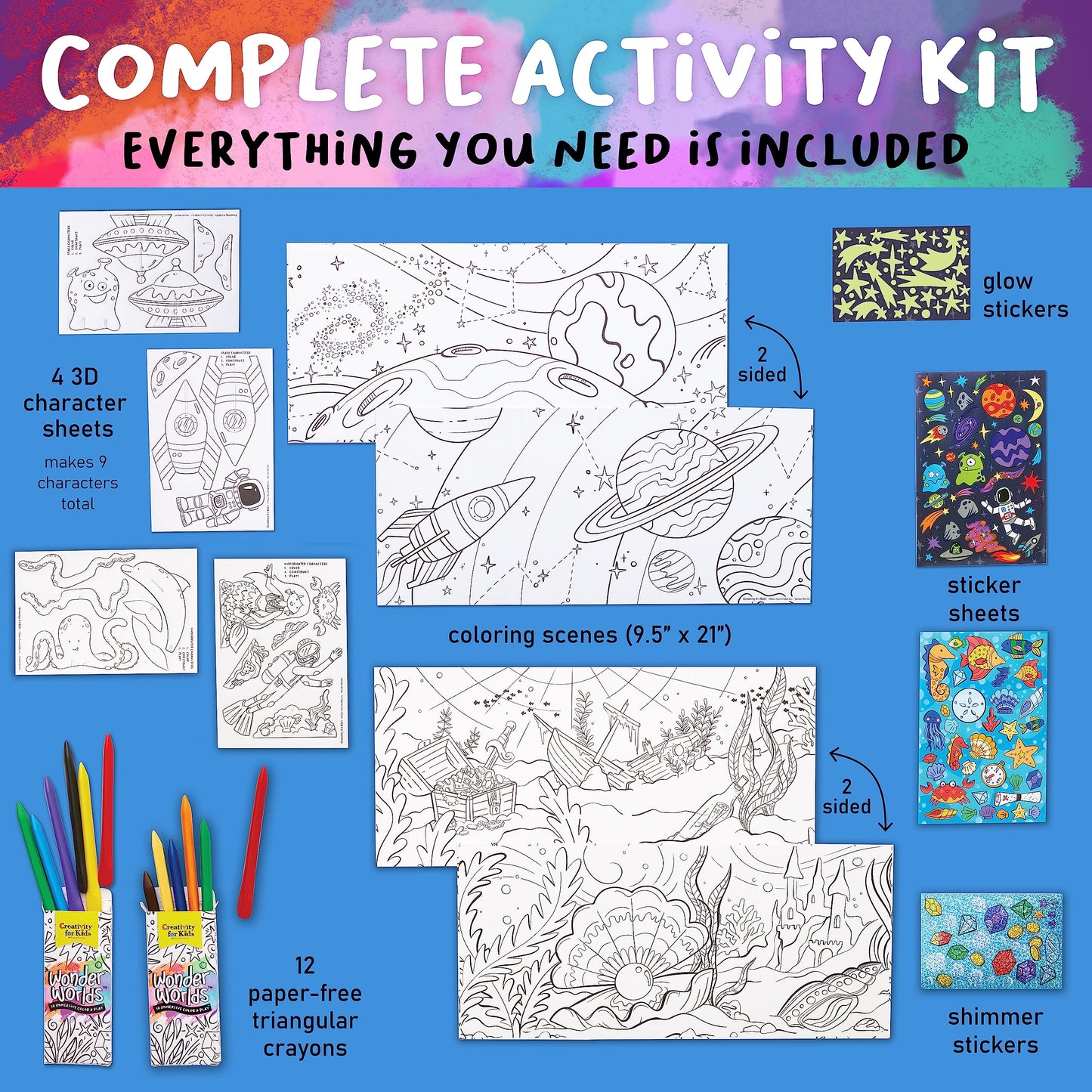 Creativity For Kids Wonder Worlds 3D Coloring Craft Kit 2 Pack: Outer Space And Underwater Voyage - Gifts For Boys And Girls Ages 5-8+
