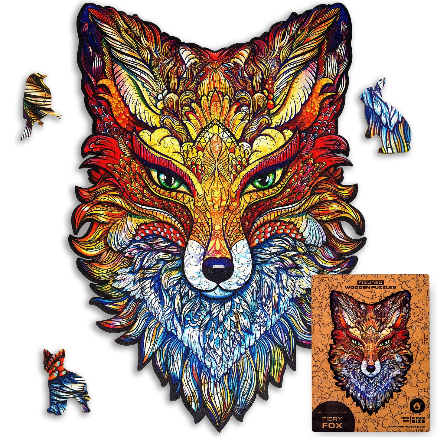 Unidragon Wooden Jigsaw Puzzles - Fiery Fox, 308 Pcs, King Size 10.6'X15.7', Beautiful Gift Package, Unique Shape Best Gift For Adults And Kids