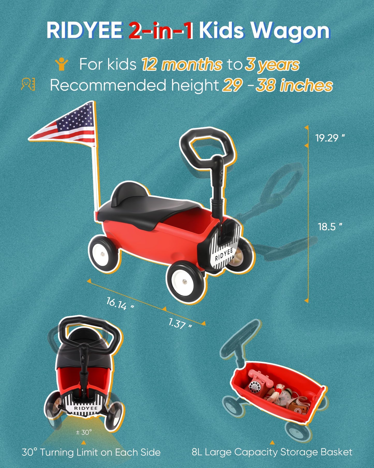 Ridyee 2-In-1 Toy Wagon For Toddlers 1-3, Kids Wagon With Removable Seat And Adjustable Handlebar, Pull-Along Wagon, Baby Push W