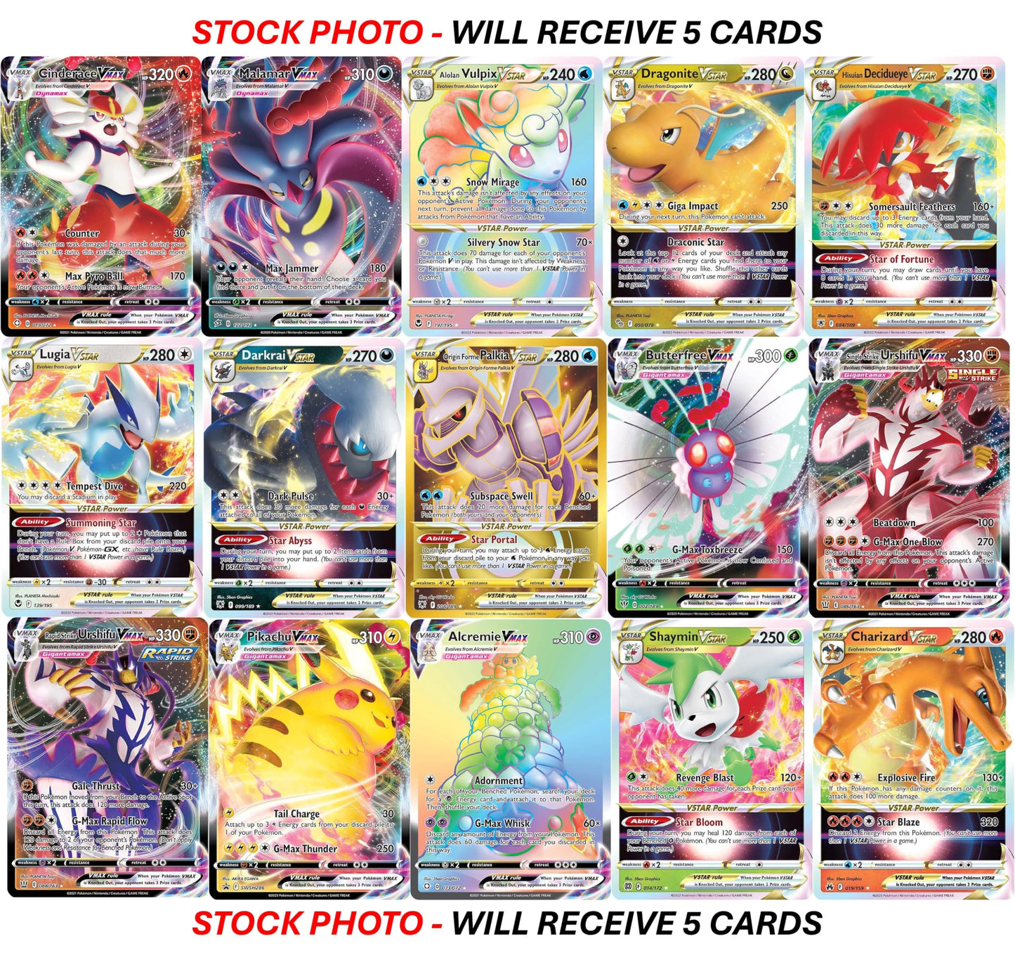 5 Pokemon Card Vmax/Vstar Bundle - X2 Vstar - X2 Vmax - X1 Secret Rare - No Duplicates