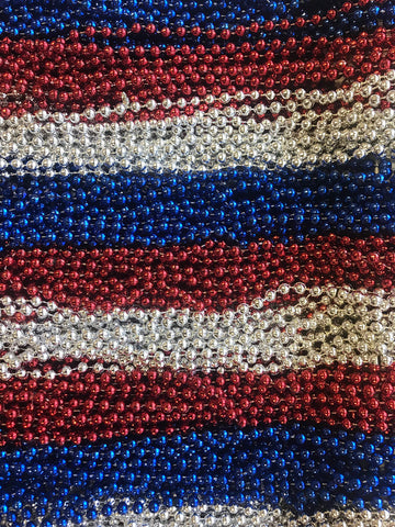 Mardi Gras Beads 33 inch 7mm, 12 Dozen, 144 Pieces, Red, Silver and Blue Patriotic Necklaces with Doubloon