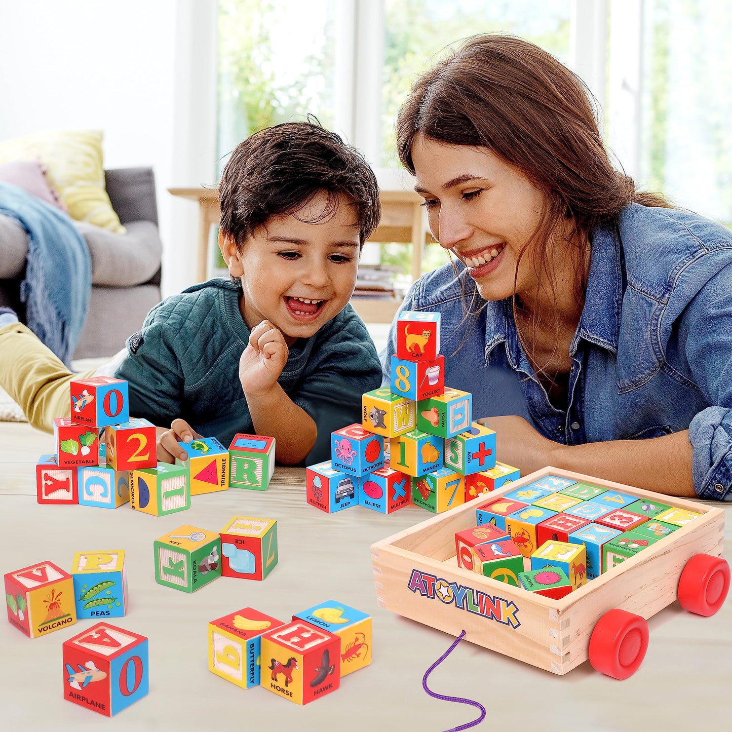 Atoylink Abc Wooden Building Blocks For Toddlers 1-3, 30 Pcs Alphabet & Number Stacking Toys With Storage Pull Toy Car Learning & Education Montessori Toys For 1 2 3 Year Old Baby Boy Girl Gifts