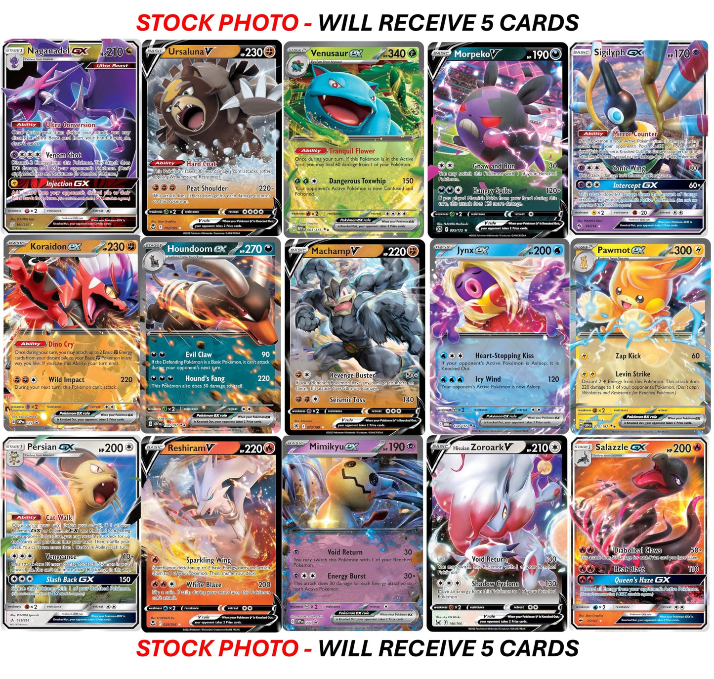 5 Pokemon Ultra Rare Card Lot - V, Gx, Ex, Assorted Variety - No Duplicates