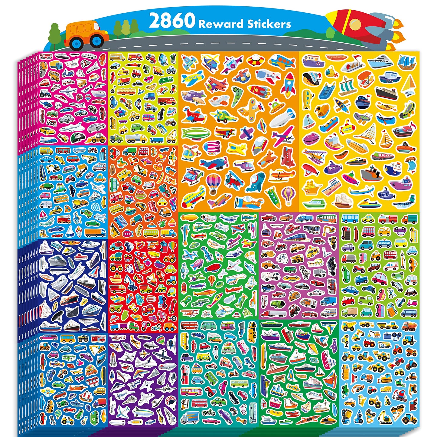 Hebayy 2860 Vehicle Stickers - 64 Sheets of Vibrant Transportation Decals for Kids, Schools, Parties - Cars, Trucks, Airplanes, Ships, Construction