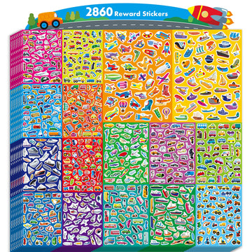 Hebayy 2860 Vehicle Stickers - 64 Sheets of Vibrant Transportation Decals for Kids, Schools, Parties - Cars, Trucks, Airplanes, Ships, Construction