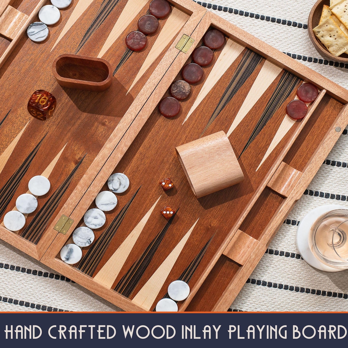 Pointworks 17 Inch Backgammon Sets For Adults. Beautiful Wood Inlaid Backgammon Board Game Set With Unique Checkers & Dice. Larg