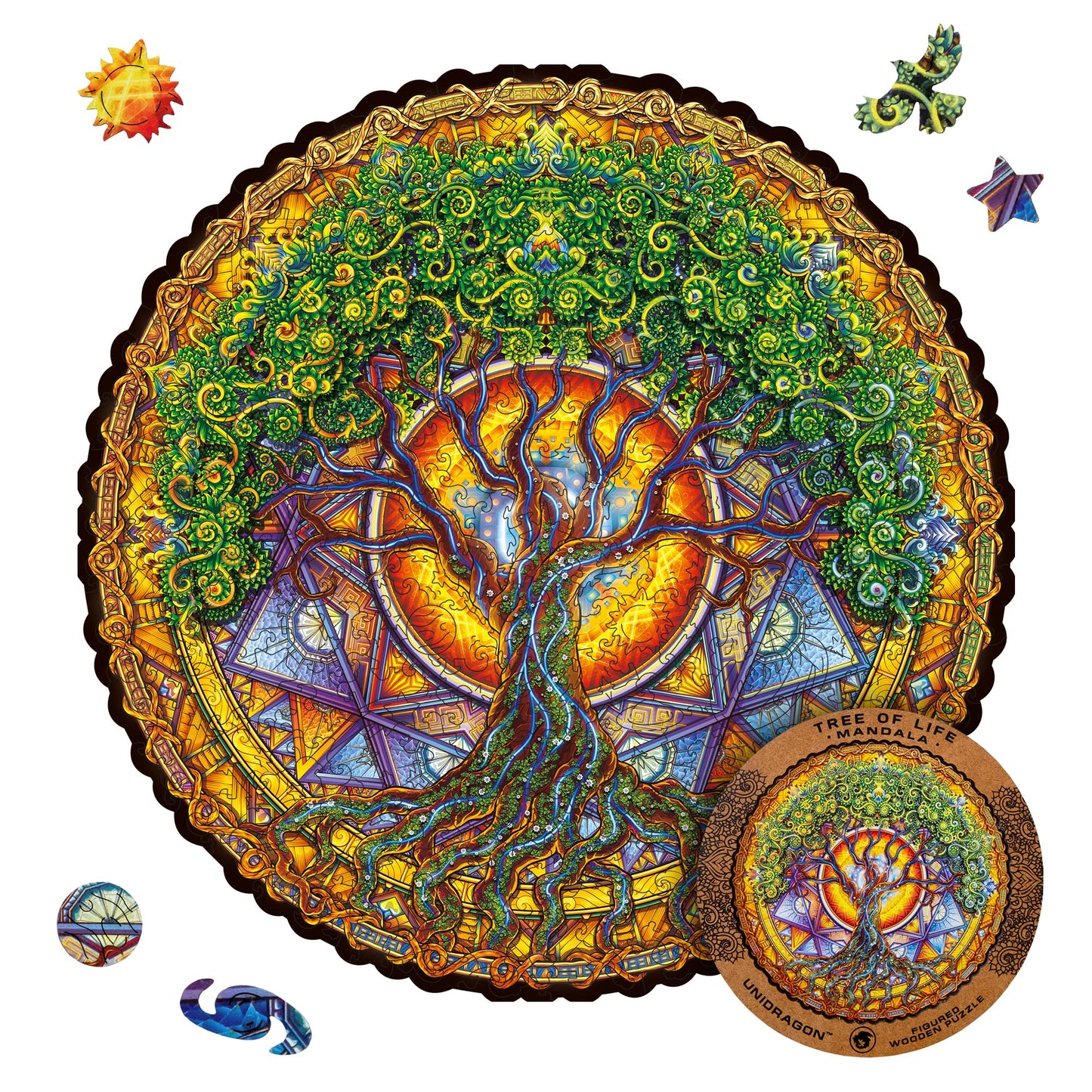 Unidragon Original Wooden Jigsaw Puzzles - Mandala Tree Of Life, 350 Pcs, King Size 13'X13', Beautiful Gift Package, Unique Shape Best Gift For Adults And Kids