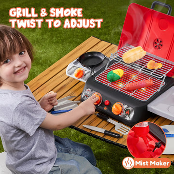 Kids BBQ Grill Playset, Kitchen Toy Set with Pretend Smoke, Light, Sound & Color-Changing Food, Toy Kitchen Accessories, Indoor