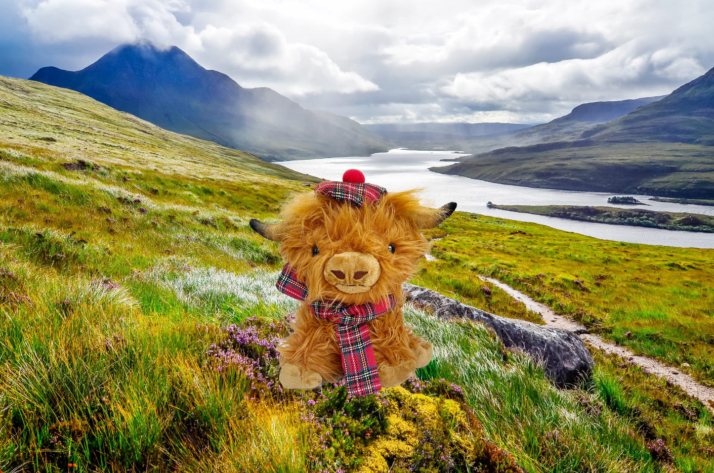 SaBrissi Wilbur Highland Cow 10 Brown Plushie Stuffed Animal with Tartan Hat & Scarf - Soft Toy for Kids