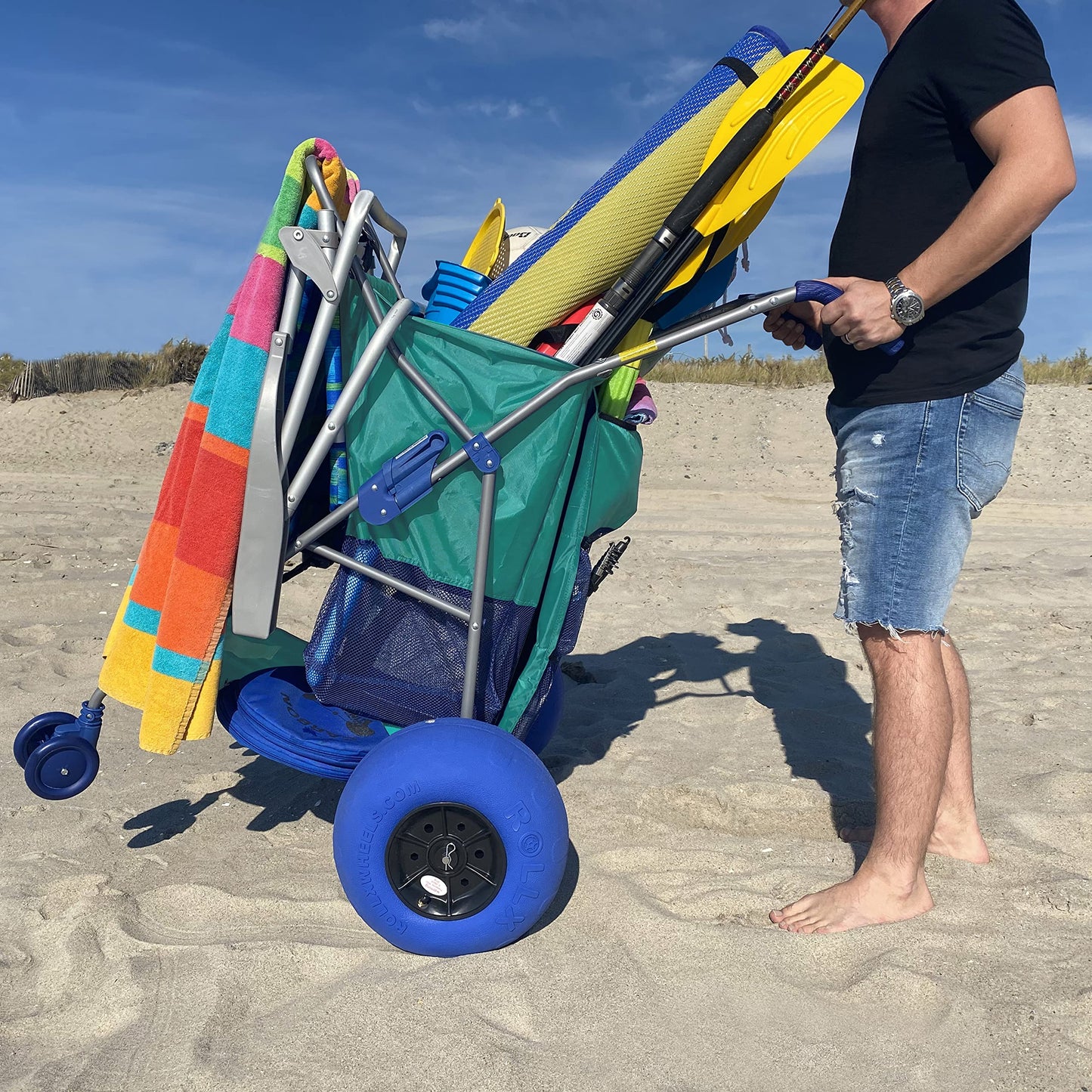 Rollx Beach Cart With Big Balloon Wheels For Sand, Foldable Storage Wagon With 13 Inch Beach Tires (Pump Included) (Seafoam)