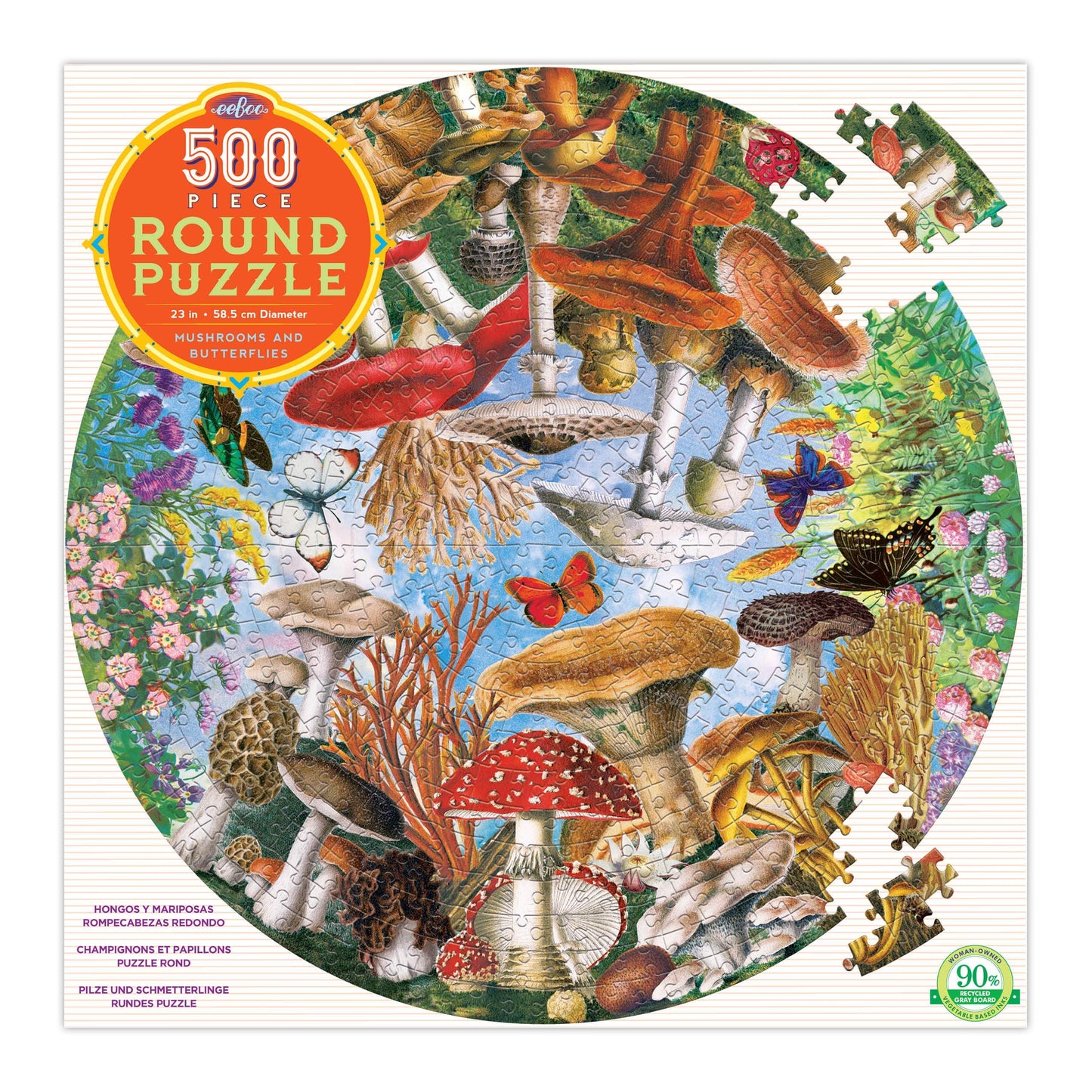 Eeboo: Piece And Love Mushrooms And Butterflies 500 Piece Round Circle Jigsaw Puzzle, Jigsaw Puzzle For Adults And Families, Includes Glossy And Sturdy Pieces