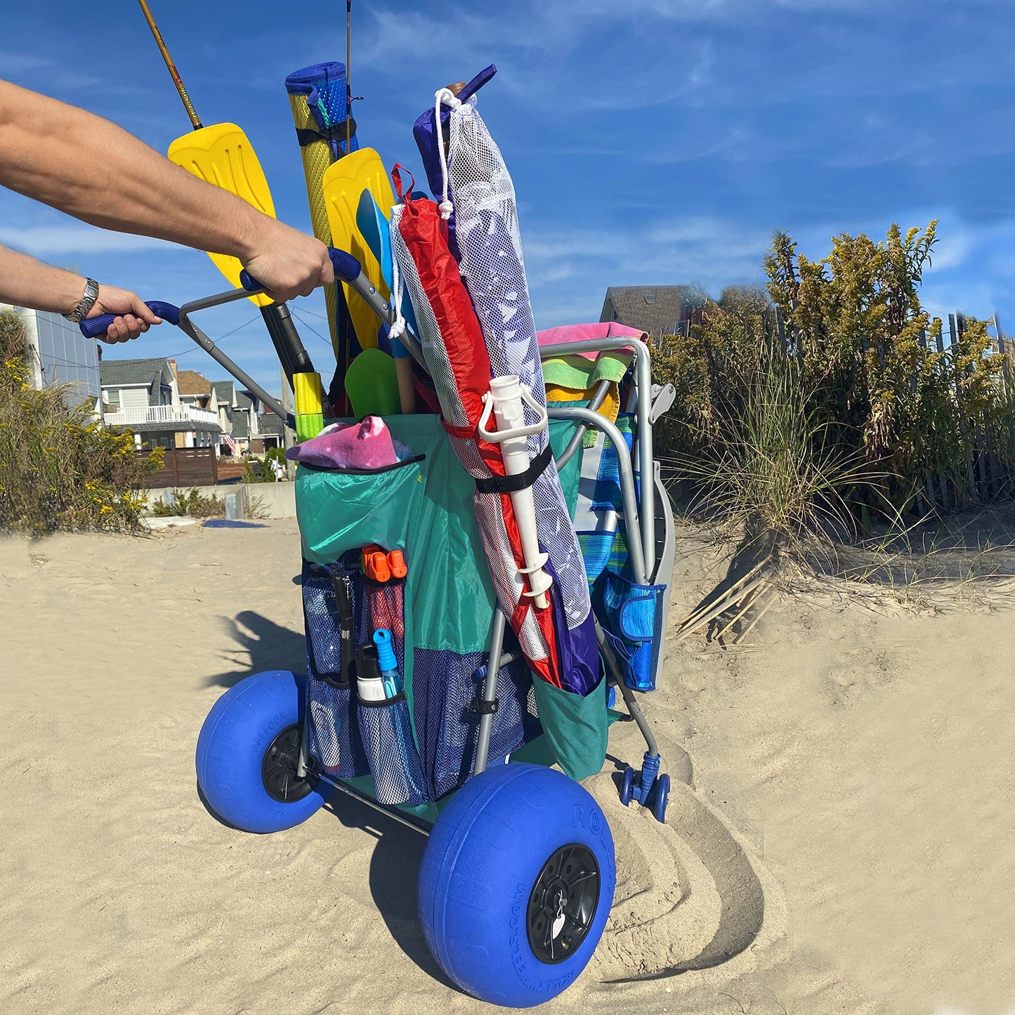 Rollx Beach Cart With Big Balloon Wheels For Sand, Foldable Storage Wagon With 13 Inch Beach Tires (Pump Included) (Seafoam)