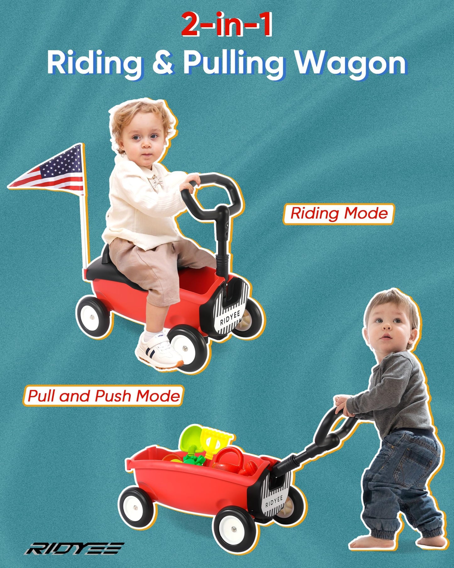 Ridyee 2-In-1 Toy Wagon For Toddlers 1-3, Kids Wagon With Removable Seat And Adjustable Handlebar, Pull-Along Wagon, Baby Push W