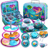 JOYIN 35Pcs Mermaid Tea Party Set for Little Girls, Pretend Tin Teapot Set, Princess Tea Time Play Kitchen Toy with Dessert, Dou