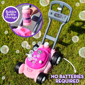 Sunny Days Entertainment Barbie Bubble Lawn Mower Toy - Pink, 21"x11"x22", Plastic, No Batteries, Includes Bubble Solution, Ages 2+