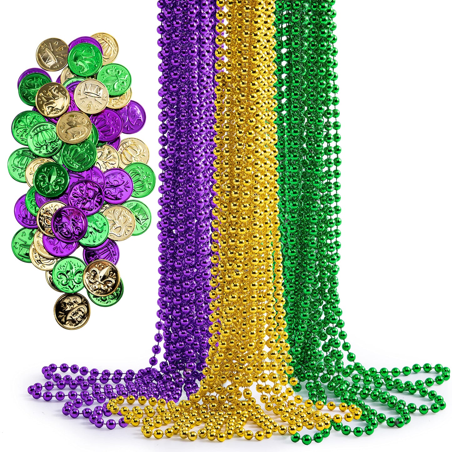 Joyin 156 Pcs Mardi Gras Set Include 36 Pcs Mardi Gras Beads Necklace And 120 Plastic Coins, Purple Gold Green Necklace Coins Fo