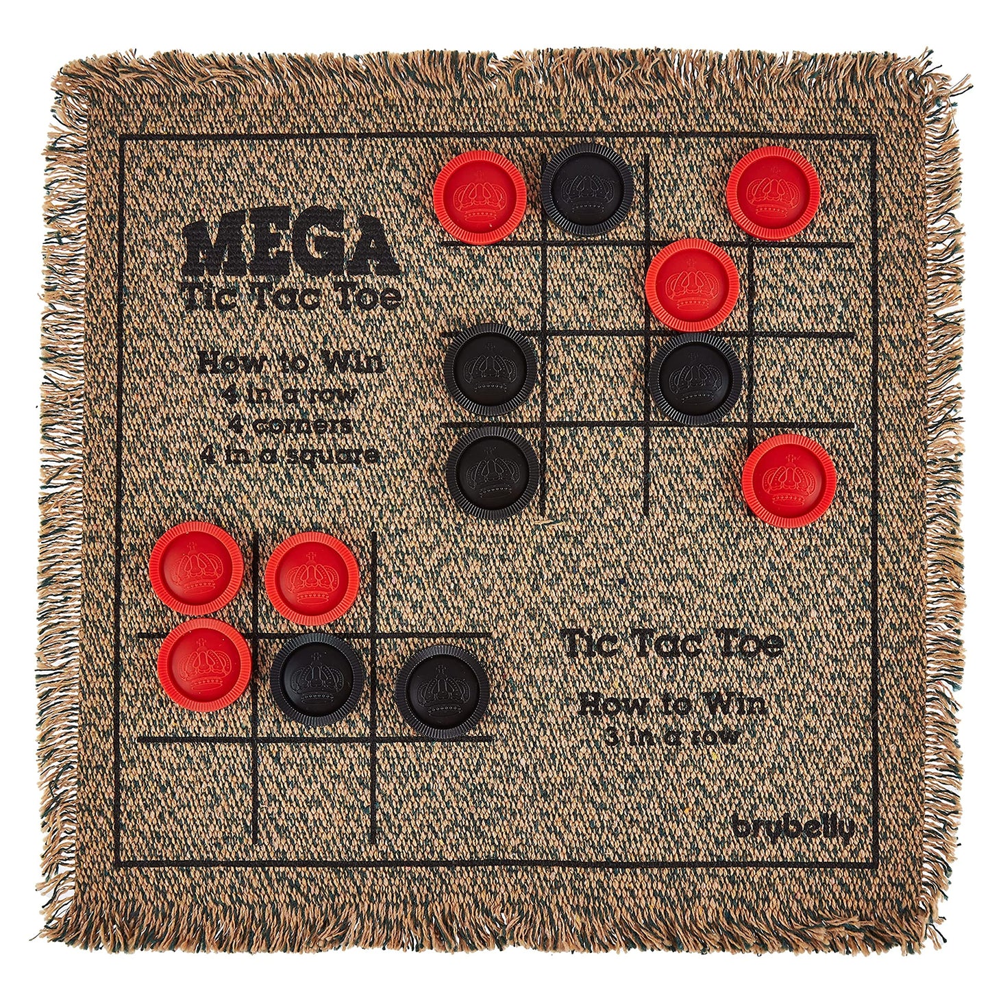 3-In-1 Mini Checkers Rug + Classic & Mega Tic Tac Toe - Portable Compact 12' X 12' Reversible Checkerboard Rug - Travel, Parties, Games On The Go, Family Board Game Night