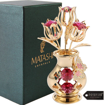 Matashi Valentine'S Day Gift For Women, Mom - Flower Bouquet Vase With Decorative Butterfly 24K Gold Plated Red Crystal Tabletop Ornament For Her, Wife, Daughter, Grandma