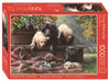 Crown Point Graphics Cozy Moments - 1000 Piece Jigsaw Puzzle - Artist Kevin Daniel - Soft Touch Design - Black Labrador Dog Puzzle With Yellow, Black And Chocolate Lab Puppies
